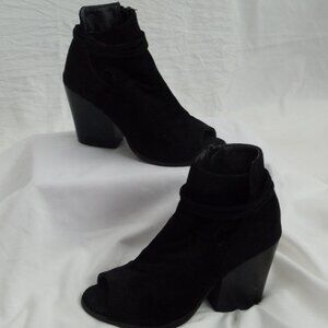 black suede peep-toe ankle boots with a block heel